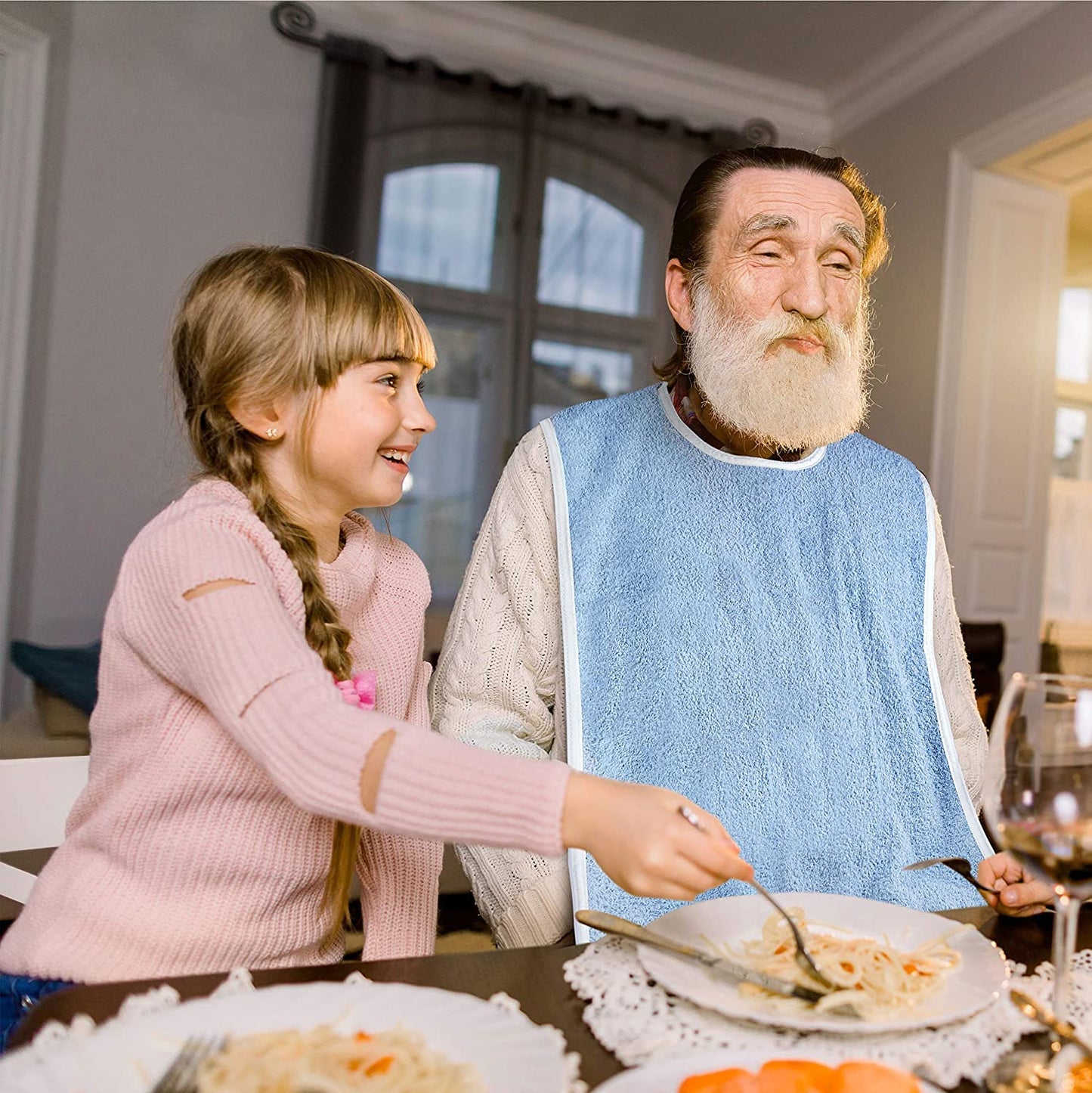 Adult Bib - Clothing Protector - Senior Eating Apron - Large Bib - Terrycloth Eating Bib - Washable Clothing Protector - Eating and Drinking Aids - Waterproof Lining - Neck Closure - Reusable - Blue - Pack of 2 - Image 2