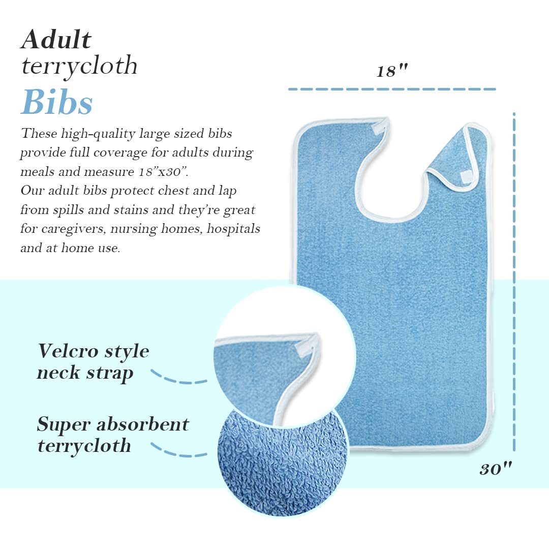 Adult Bib - Clothing Protector - Senior Eating Apron - Large Bib - Terrycloth Eating Bib - Washable Clothing Protector - Eating and Drinking Aids - Waterproof Lining - Neck Closure - Reusable - Blue - Pack of 2 - Image 4
