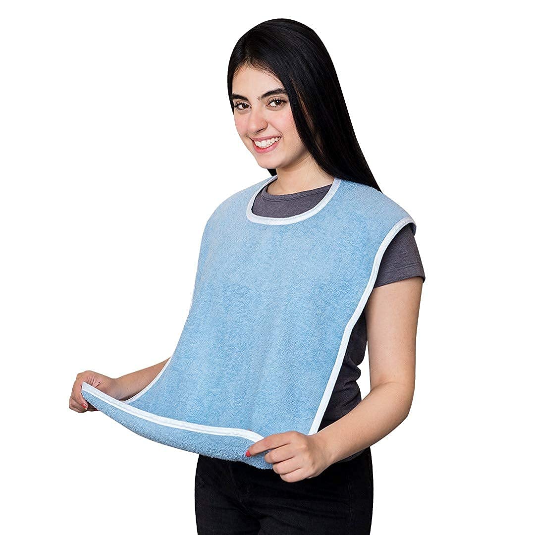 Adult Bib - Clothing Protector - Senior Eating Apron - Large Bib - Terrycloth Eating Bib - Washable Clothing Protector - Eating and Drinking Aids - Waterproof Lining - Neck Closure - Reusable - Blue - Pack of 2 - Image 6