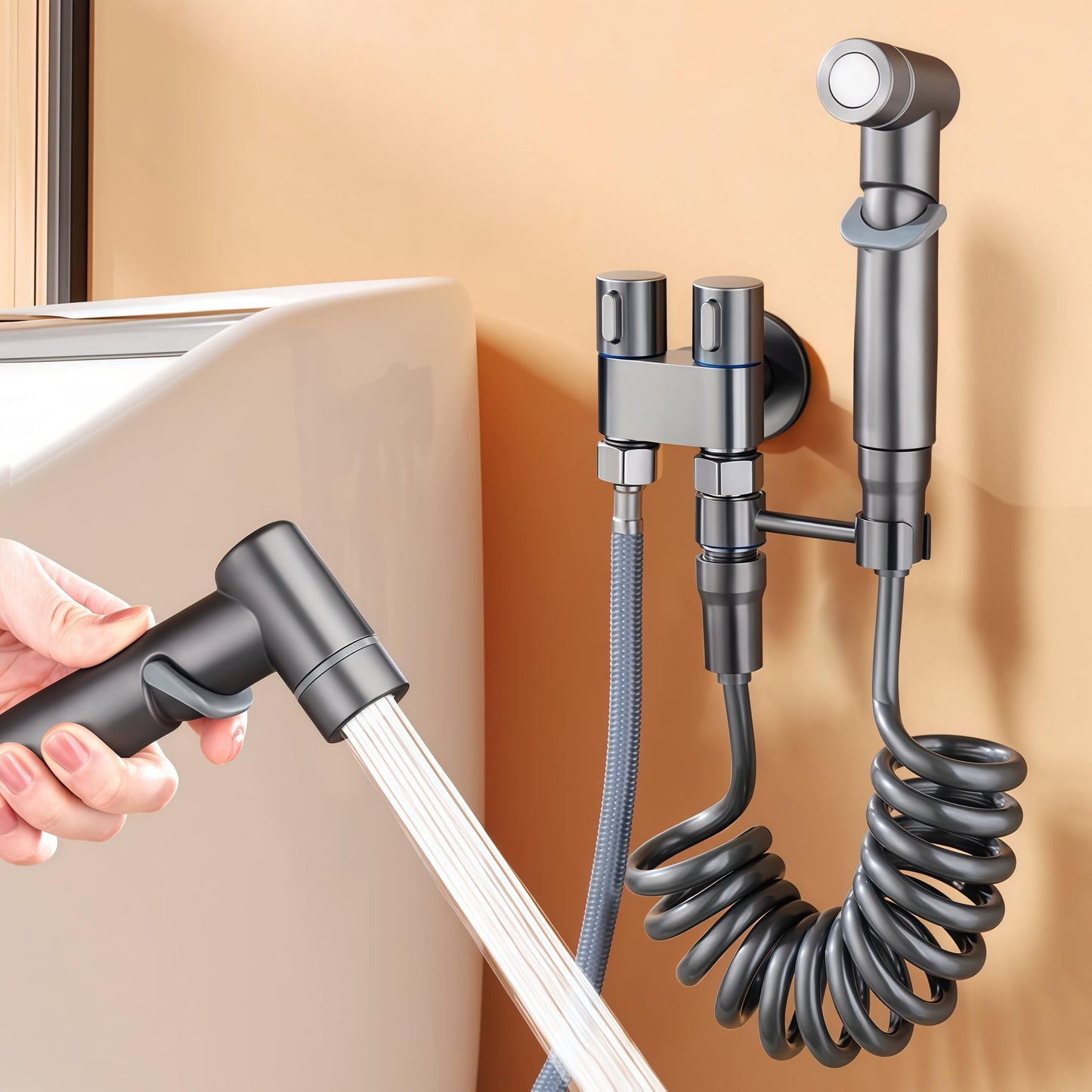 Bidet Sprayer - Hand Shower Toilet - Shattaf - WC Shower - Toilet Sprayer - Hand Bidet - Bidet Faucet - Intimate Hygiene - Stainless Steel - Bathroom Accessories - Complete Set with Hose - Including Adapter 1/2 to 3/8 - Gray - 1 Piece - Image 4