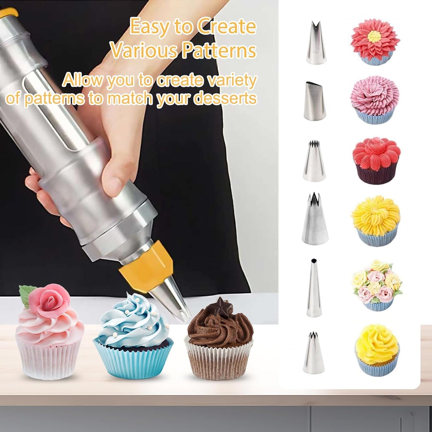 Whipped Cream Maker - Garnishing Syringe - Nozzle Set - Cake Decorating - Stainless Steel Nozzles - Cookie Press - Cupcake Decorating - Baking Tools - Professional Piping Bag Alternative - Kitchen Utensils - Baking Supplies - Silver - 1 Piece - Image 3