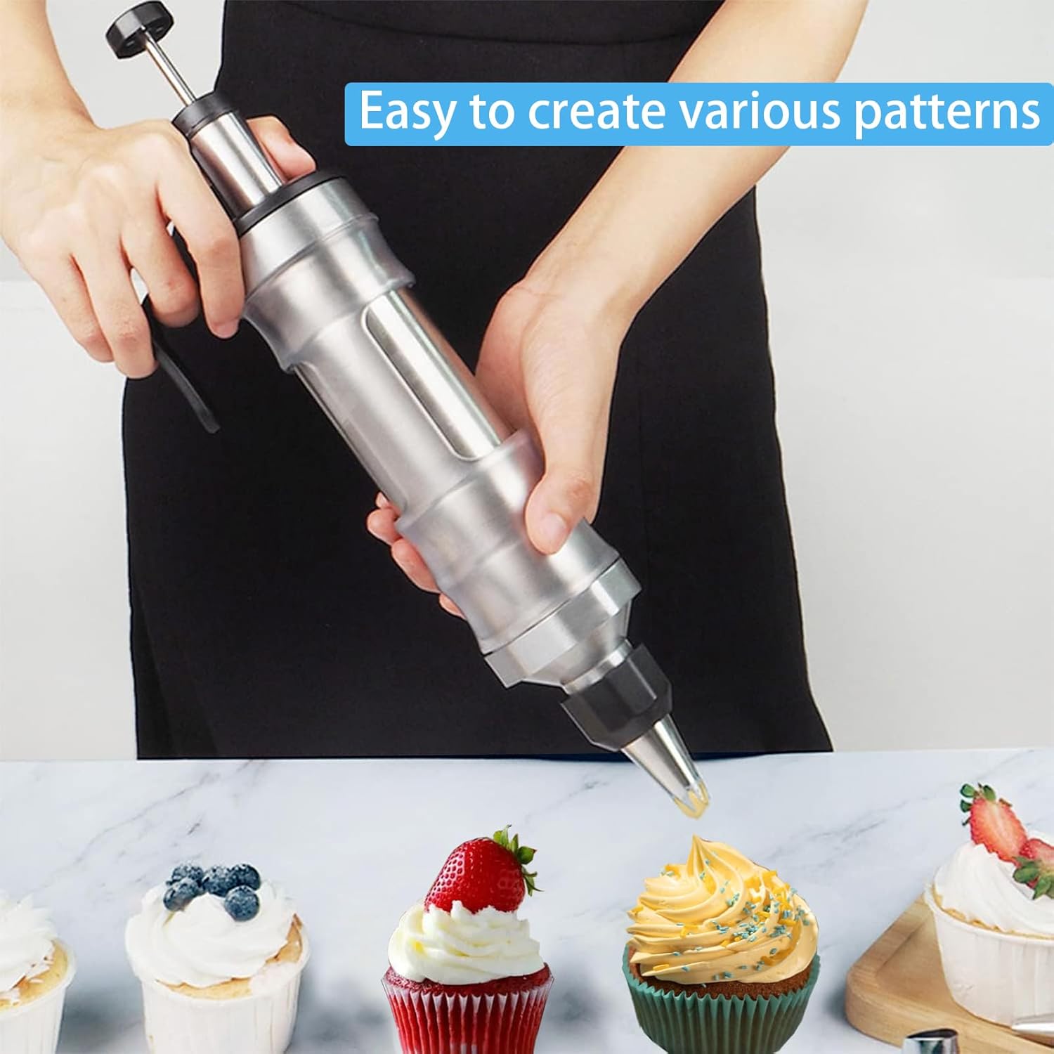 Whipped Cream Maker - Garnishing Syringe - Nozzle Set - Cake Decorating - Stainless Steel Nozzles - Cookie Press - Cupcake Decorating - Baking Tools - Professional Piping Bag Alternative - Kitchen Utensils - Baking Supplies - Silver - 1 Piece - Image 5