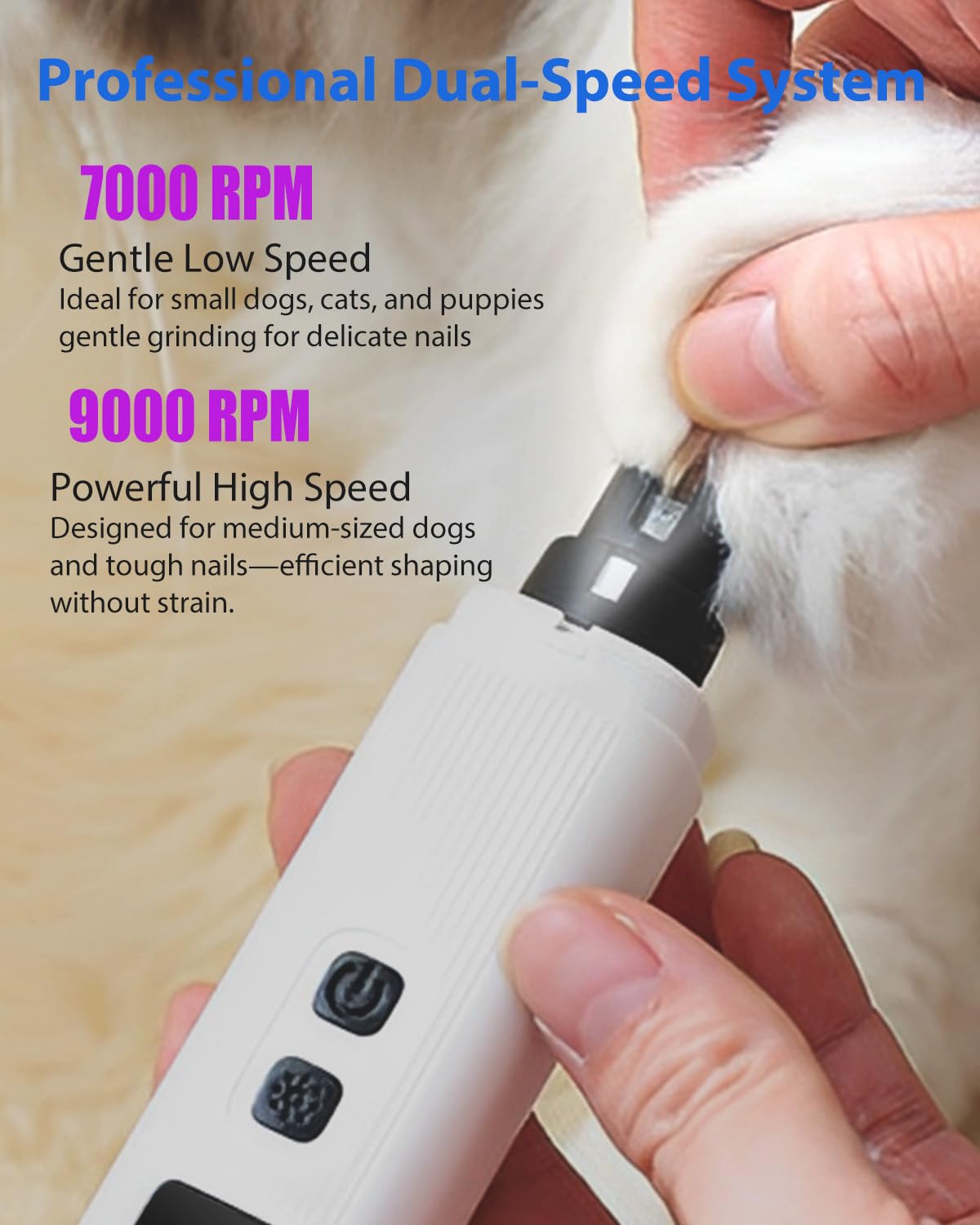 Dog Nail Drill - Electric Nail File - Cat Nail Trimmer - Pet Care - Paw Care - Nail Grinder - Dog Groomer - Animal Nail File - Cordless Design - Rechargeable Battery - With LED Lighting - Silent Motor - White - 1 Piece - Image 7