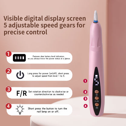 Nail drill - Electric nail file - Manicure set - Pedicure set - Nail care - Gel polish removal - Artificial nail filing - Nail polishing - Acrylic nails - Cordless - Rechargeable - With LCD screen - Nail styling - White - 1 Piece - Image 5