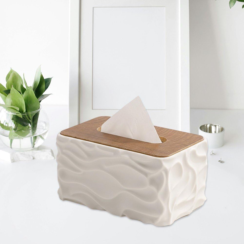 Tissue Box - Tissue Box - Handkerchief Box - Tissue Holder - Napkin Holder - Baby Wipes Box - Tissue Dispenser - Storage Box - Bathroom Accessories - Desk Organizer - Living Room Decoration - Bedroom Interior - Modern Design - White with Wood - 1 Piece - Image 5