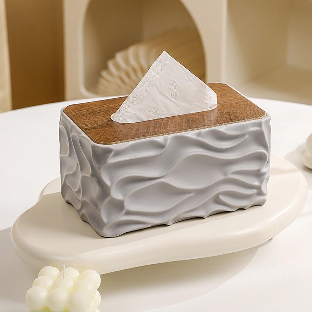 Tissue Box - Tissue Box - Handkerchief Box - Tissue Holder - Napkin Holder - Baby Wipes Box - Tissue Dispenser - Storage Box - Bathroom Accessories - Desk Organizer - Living Room Decoration - Bedroom Interior - Modern Design - Gray with Wood - 1 Piece - Image 3
