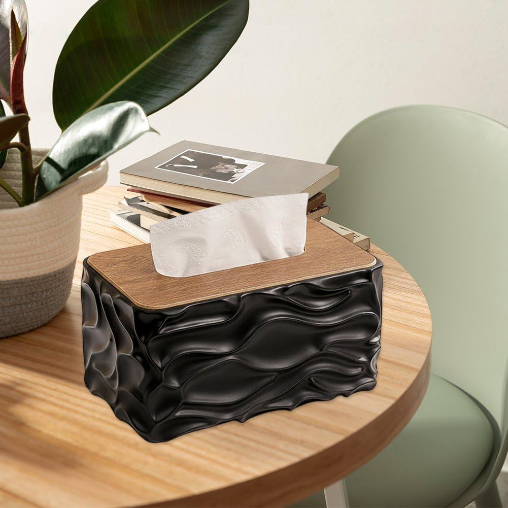 Tissue Box - Tissue Box - Handkerchief Box - Tissue Holder - Napkin Holder - Baby Wipes Box - Tissue Dispenser - Storage Box - Bathroom Accessories - Desk Organizer - Living Room Decoration - Bedroom Interior - Modern Design - Black with Wood - 1 Piece - Image 2