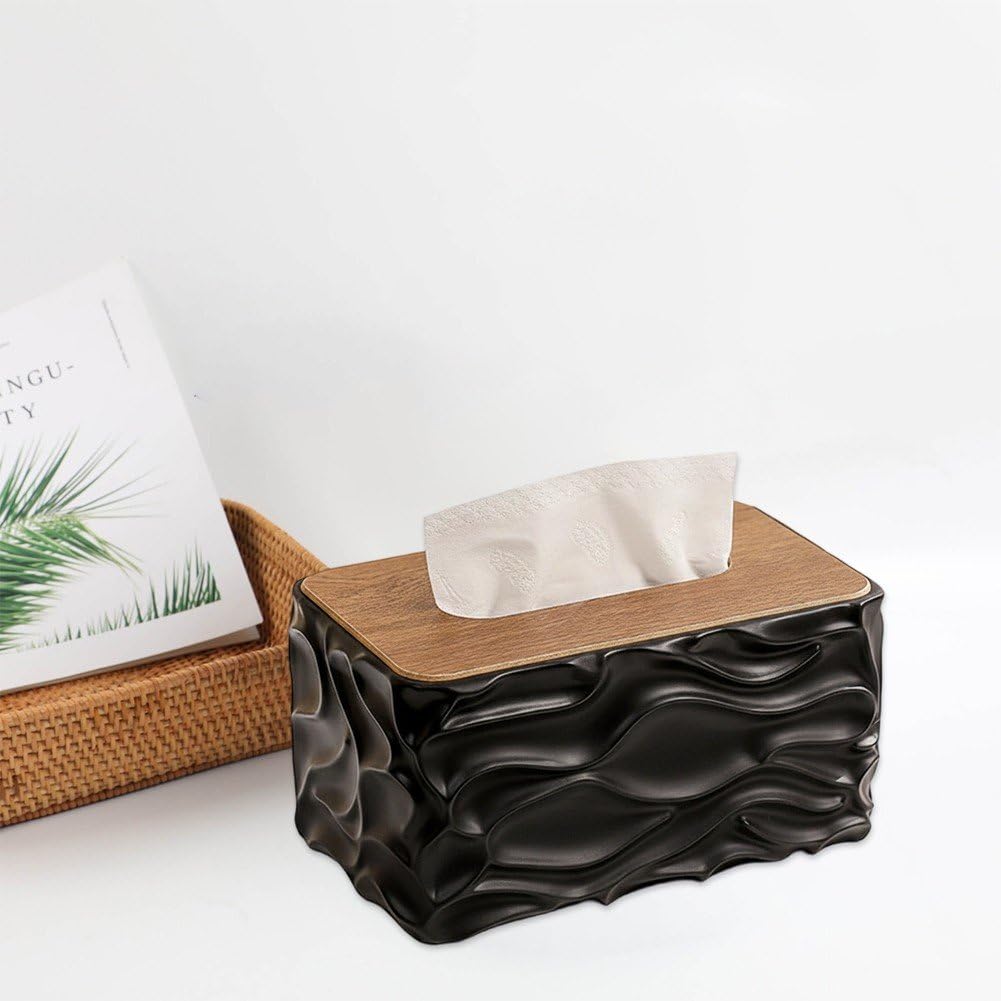 Tissue Box - Tissue Box - Handkerchief Box - Tissue Holder - Napkin Holder - Baby Wipes Box - Tissue Dispenser - Storage Box - Bathroom Accessories - Desk Organizer - Living Room Decoration - Bedroom Interior - Modern Design - Black with Wood - 1 Piece - Image 3