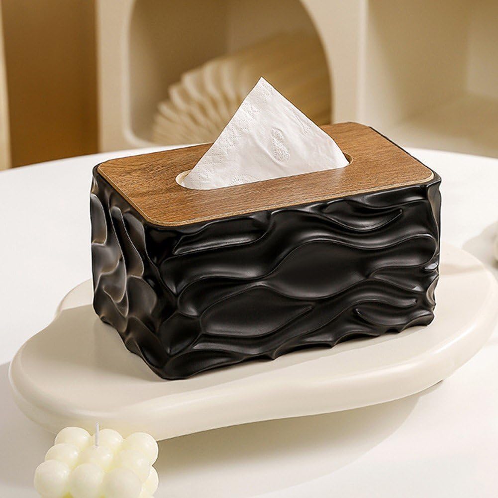 Tissue Box - Tissue Box - Handkerchief Box - Tissue Holder - Napkin Holder - Baby Wipes Box - Tissue Dispenser - Storage Box - Bathroom Accessories - Desk Organizer - Living Room Decoration - Bedroom Interior - Modern Design - Black with Wood - 1 Piece - Image 6