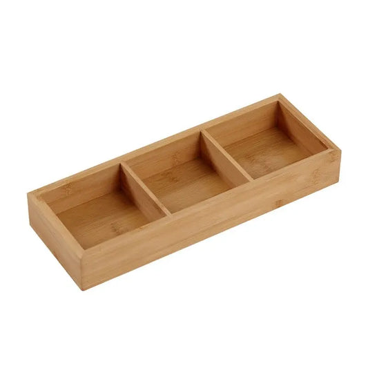 3-Compartment Bamboo Drawer Organiser, Wooden Storage Tray for Cutlery, Tea Bags, Cosmetics, Desk and Bathroom Supplies