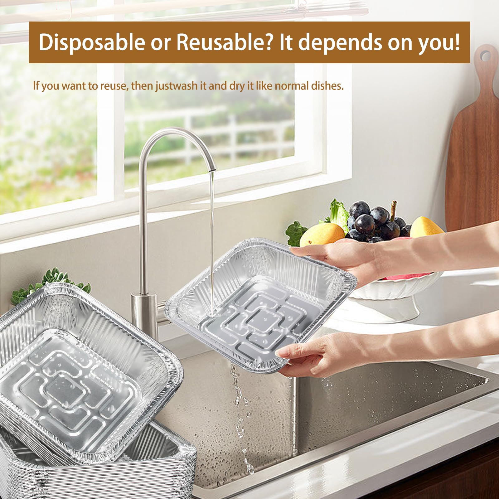 Aluminum Trays - Square Oven Dishes - Air Fryer Trays - Aluminum Bowls - Disposable Trays - BBQ Drip Trays - Grill Accessories - Baking Pans - Heat Resistant - Food Containers - Catering Trays - Meal Prep Trays - Practical - Silver - 50 Pieces - Image 3