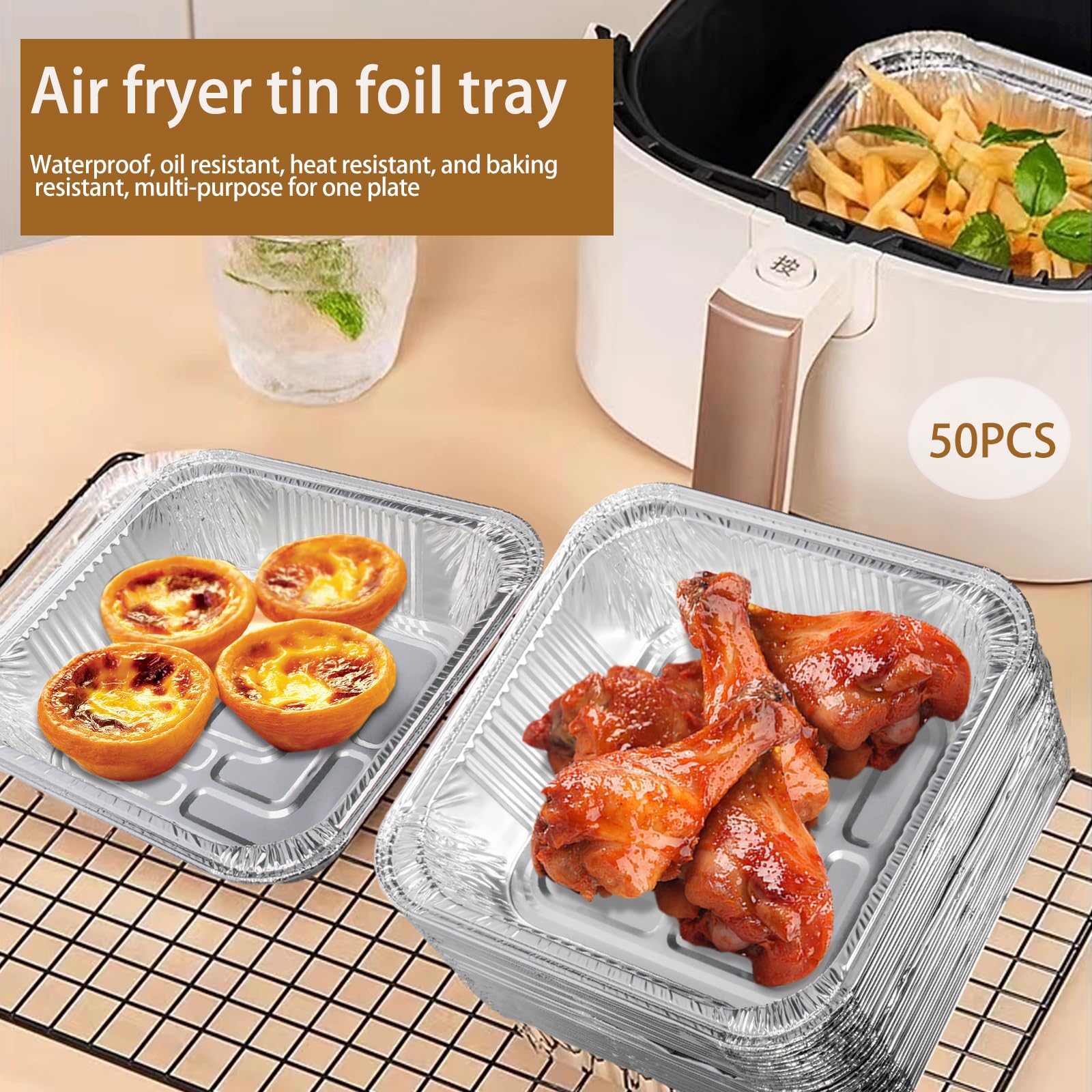 Aluminum Trays - Square Oven Dishes - Air Fryer Trays - Aluminum Bowls - Disposable Trays - BBQ Drip Trays - Grill Accessories - Baking Pans - Heat Resistant - Food Containers - Catering Trays - Meal Prep Trays - Practical - Silver - 50 Pieces - Image 7