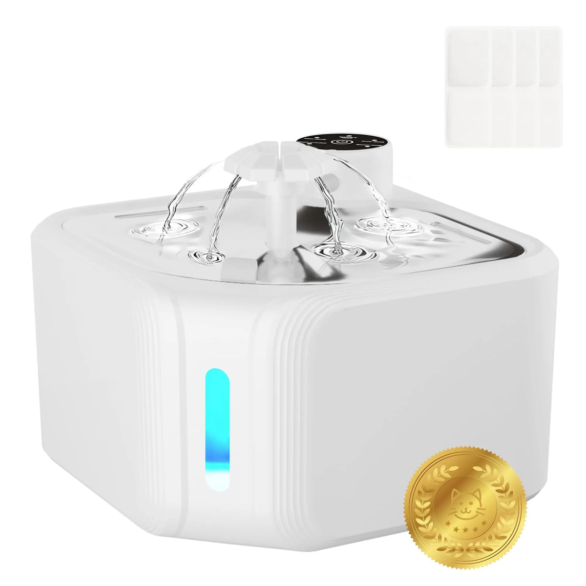 2.8 L Wireless Pet Water Fountain with 8 Filters, Quiet Automatic Drinking Bowl with LED Light for Cats and Dogs, White