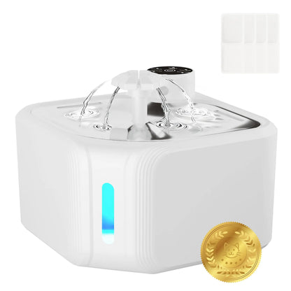 2.8 L Wireless Pet Water Fountain with 8 Filters, Quiet Automatic Drinking Bowl with LED Light for Cats and Dogs, White