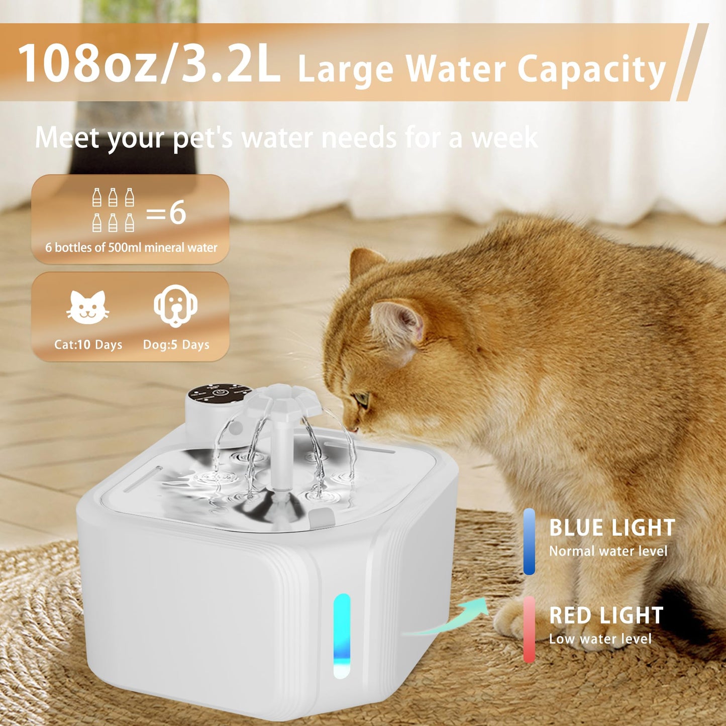 Cat Drinking Fountain - Water Fountain - Dog Drinking Bowl - Automatic Drinking Bowl - Cat Fountain - Dog Fountain - Water Dispenser - Whisper-Quiet - Includes 8 Filters - LED Lighting - Water Bowl - Pet Accessories - 2.8 Liters - White - 1 Piece - Image 5