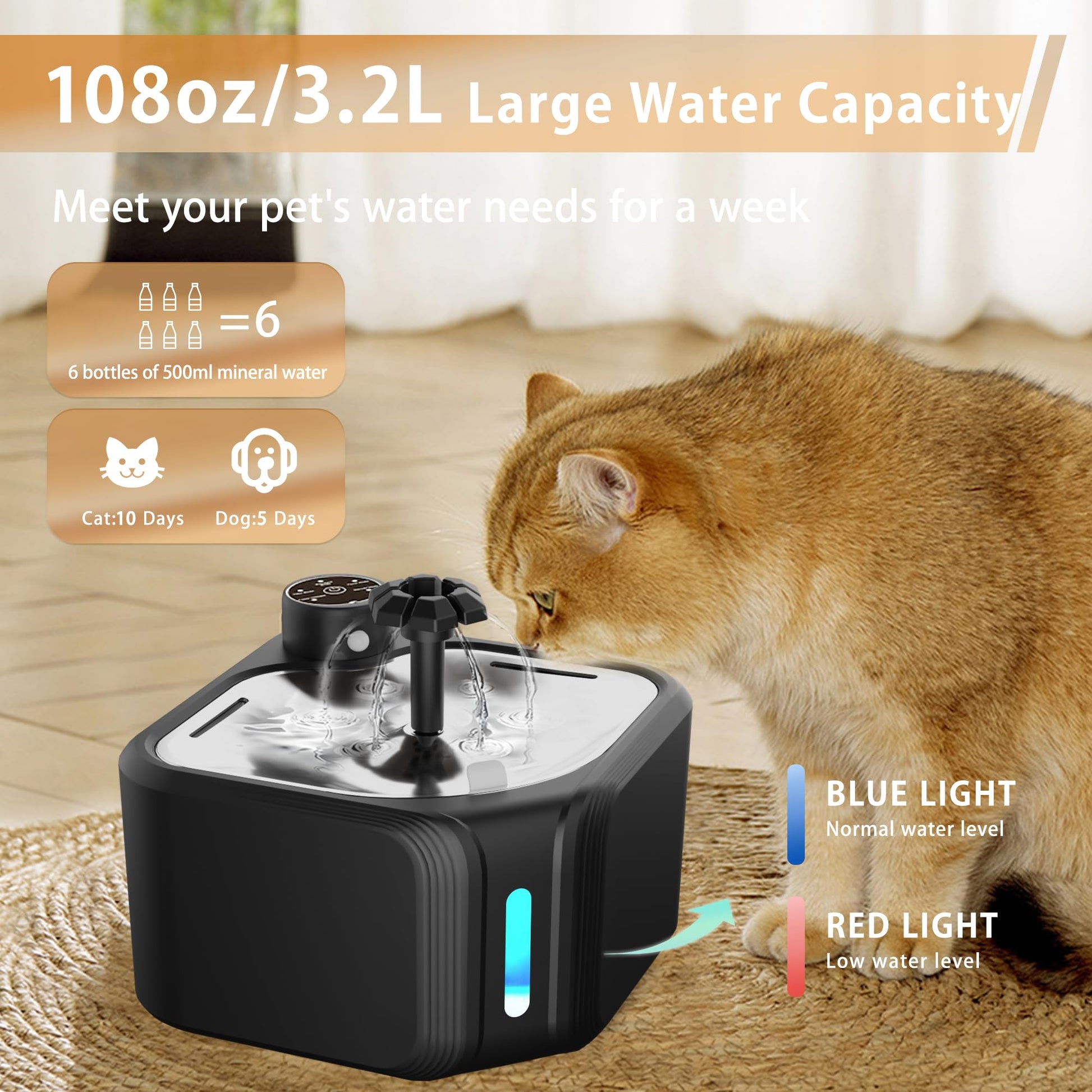 Cat Drinking Fountain - Water Fountain - Dog Drinking Bowl - Automatic Drinking Bowl - Cat Fountain - Dog Fountain - Water Dispenser - Whisper-Quiet - Includes 8 Filters - LED Lighting - Water Bowl - Pet Accessories - 2.8 Liters - Black - 1 Piece - Image 5