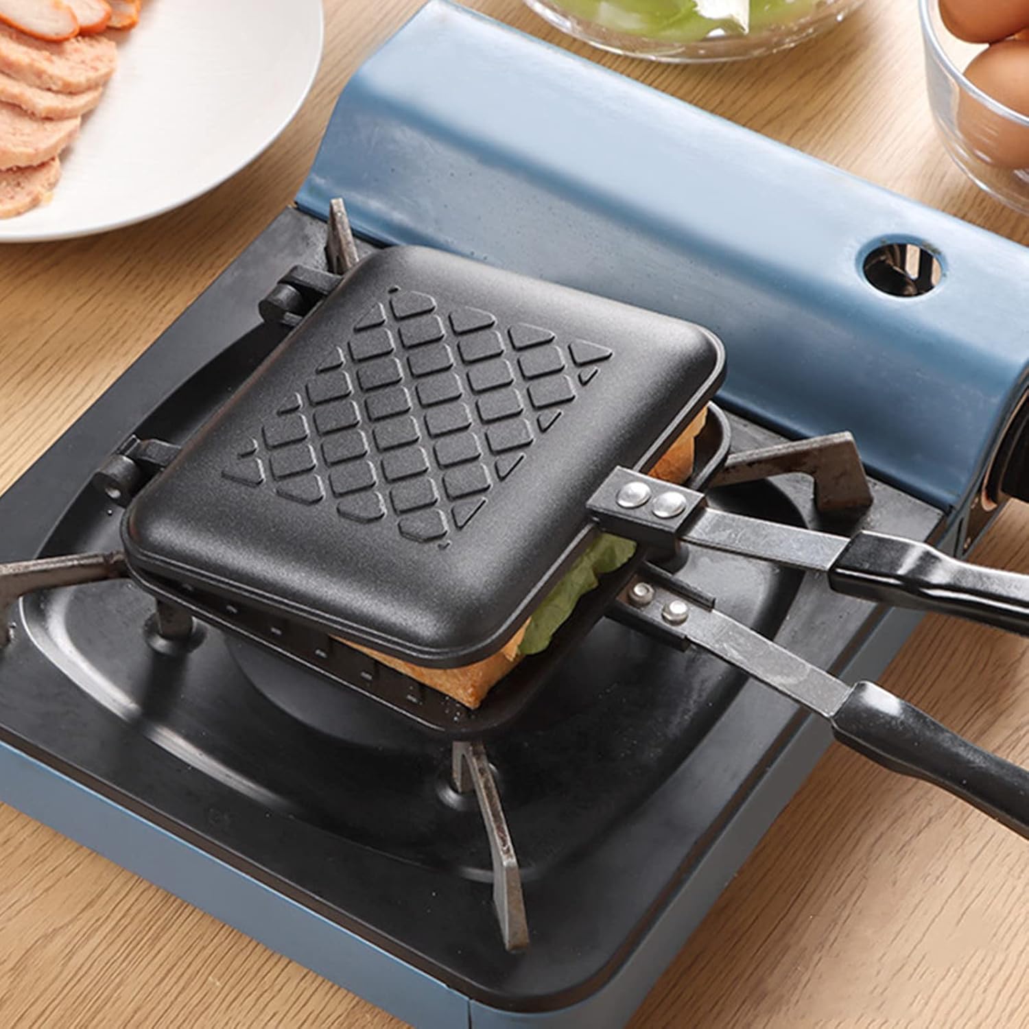 Sandwich Iron - Sandwich Maker - Grill Pan - Camping Sandwich Iron - Panini Grill - Frying Pan - Gas Stove Pan - Double-Sided Pan - Non-Stick Coating - Sandwich Clamp - Manual Toaster - Toaster - Breakfast Making - Kitchen - Black - 1 Piece - Image 6