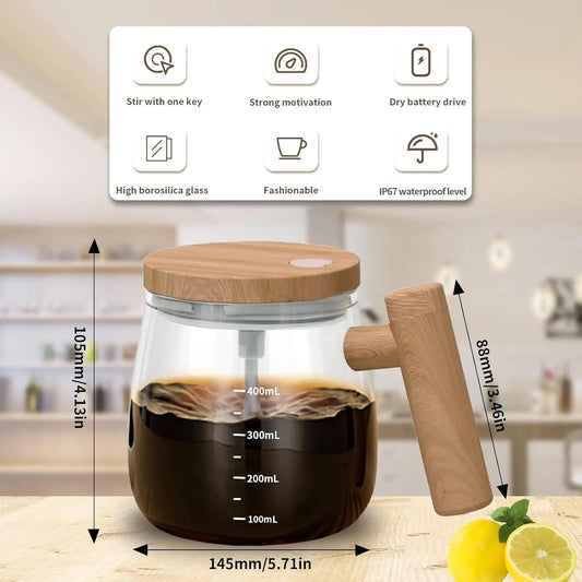 Self-Stirring Glass Coffee Mug with Magnetic Mixer, Electric Drink Mixing Cup with Wooden Handle for Coffee and Milk, Brown - Image 2