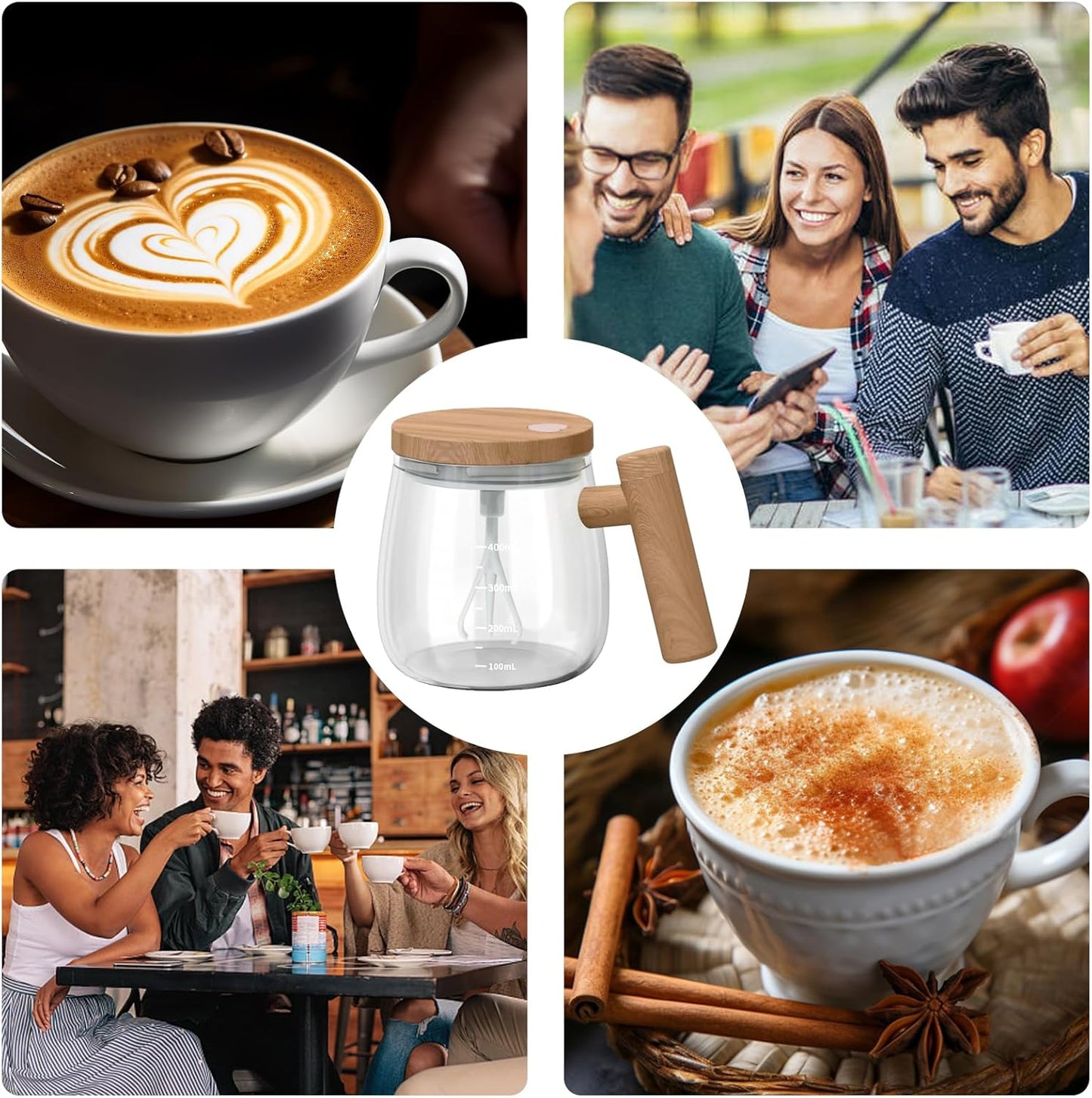 Self-Stirring Mug - Coffee Mug - Mixing Cup - Electric Mixing Cup - Automatic Stirring Cup - Milk Frother - Drink Mixer - Magnetic Cup - Shaker - Kitchen Gadgets - Coffee Accessories - Glass - Wood Design - Brown - 1 piece - Image 3