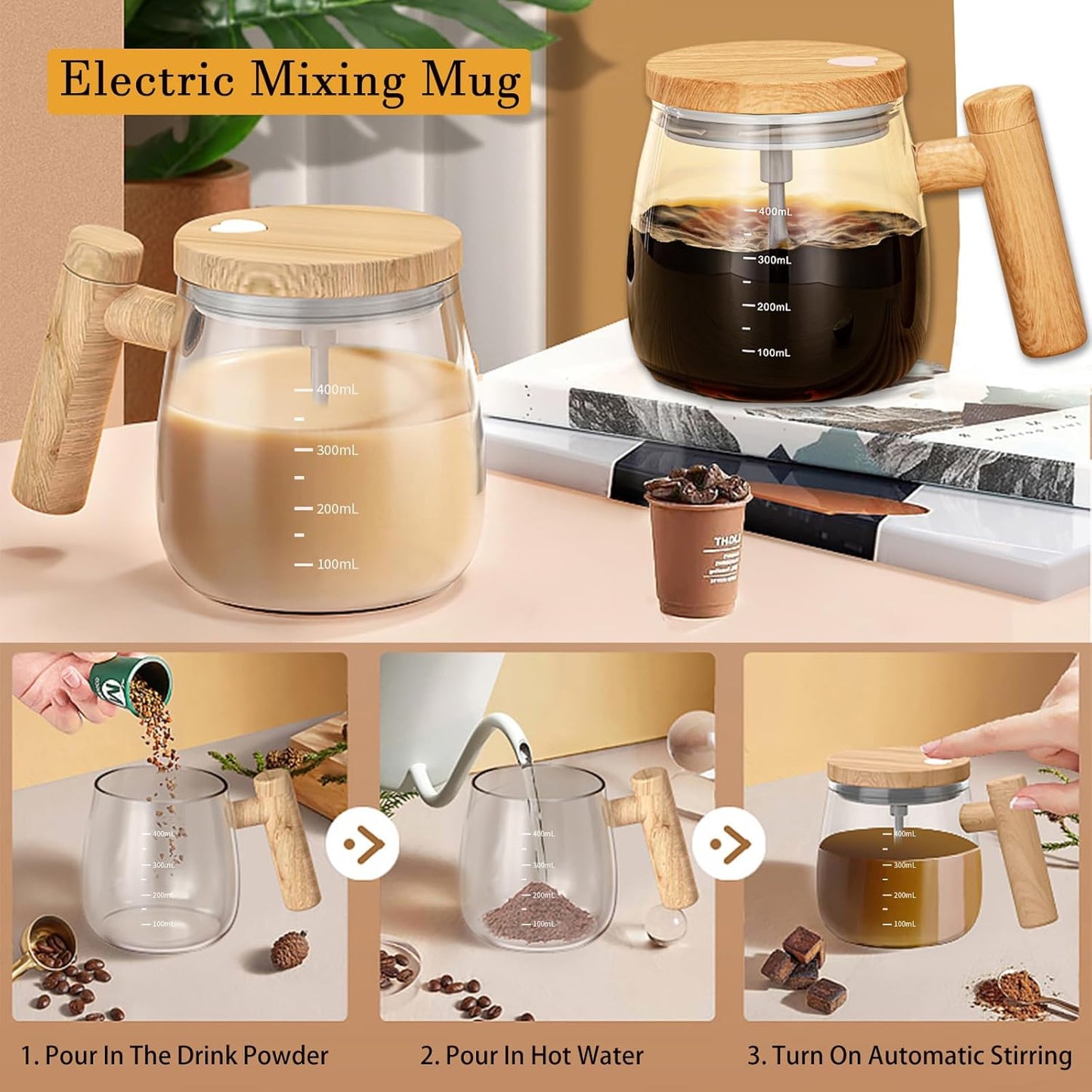 Self-Stirring Mug - Coffee Mug - Mixing Cup - Electric Mixing Cup - Automatic Stirring Cup - Milk Frother - Drink Mixer - Magnetic Cup - Shaker - Kitchen Gadgets - Coffee Accessories - Glass - Wood Design - Brown - 1 piece - Image 7
