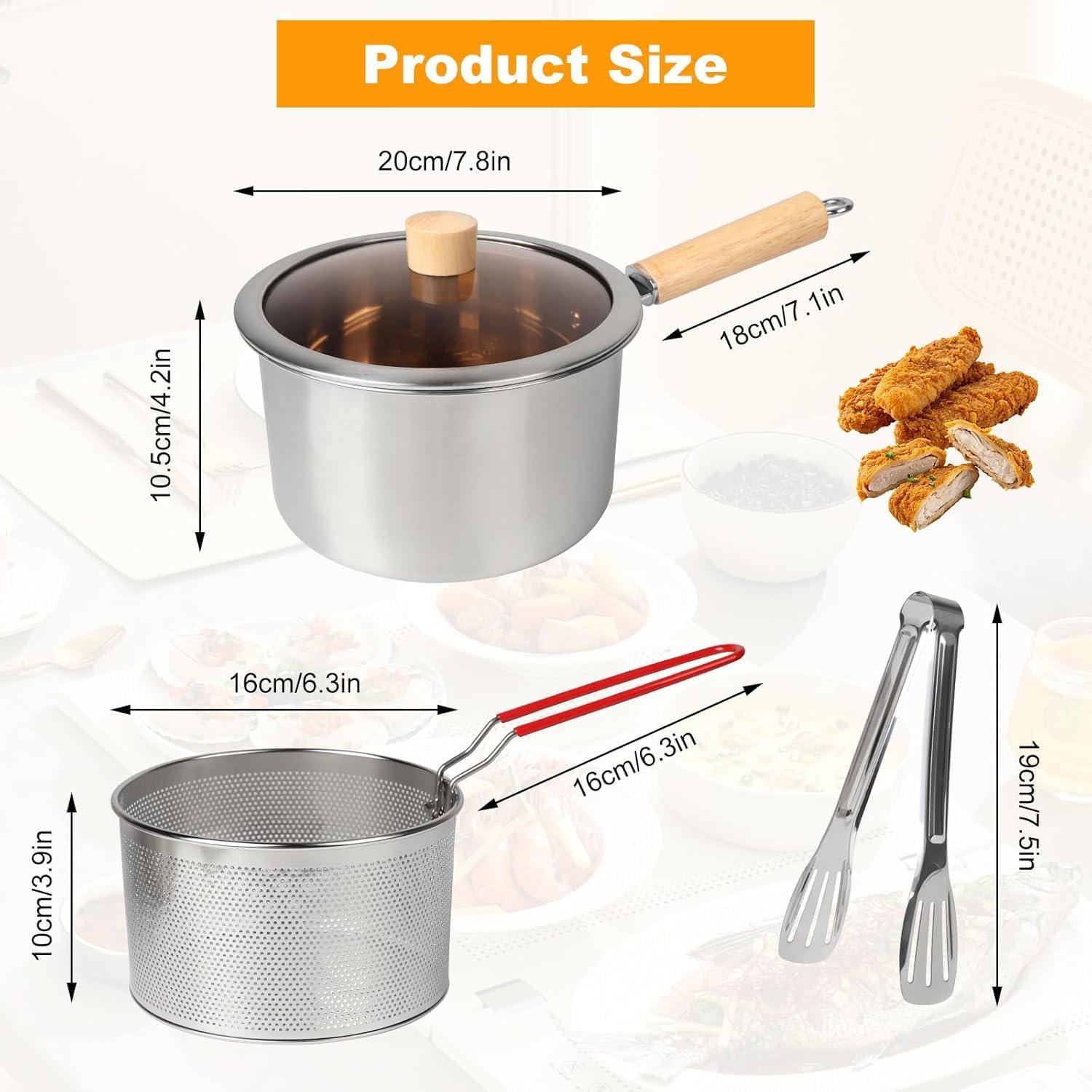 Deep fryer - Deep fryer - Saucepan - Cooking pot - Frying basket - Doughnut pan - Dutch oven - Induction pan - Gas - Electric - Frying set - Kitchen utensils - Kitchen accessories - Including tongs - Stainless steel - Stainless steel - Silver - 1 piece - Image 3
