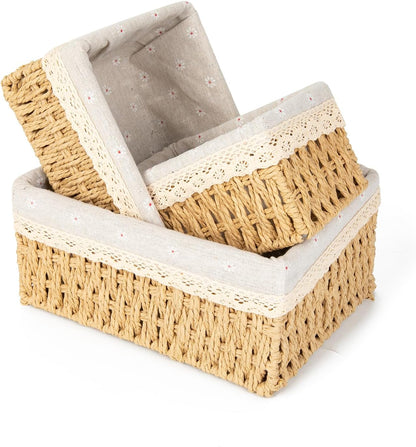 Storage Basket - Basket Set - Wicker Basket - Woven Basket - Cabinet Basket - Bathroom Basket - Storage Box - Drawer Organizer - Living Room - Bedroom - Bathroom Accessories - With Fabric Lining - Floral Print - Country Style - 3 Sizes - Natural - 3 Piece