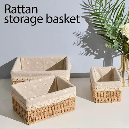 Storage Basket - Basket Set - Wicker Basket - Woven Basket - Cabinet Basket - Bathroom Basket - Storage Box - Drawer Organizer - Living Room - Bedroom - Bathroom Accessories - With Fabric Lining - Floral Print - Country Style - 3 Sizes - Natural - 3 Piece - Image 2