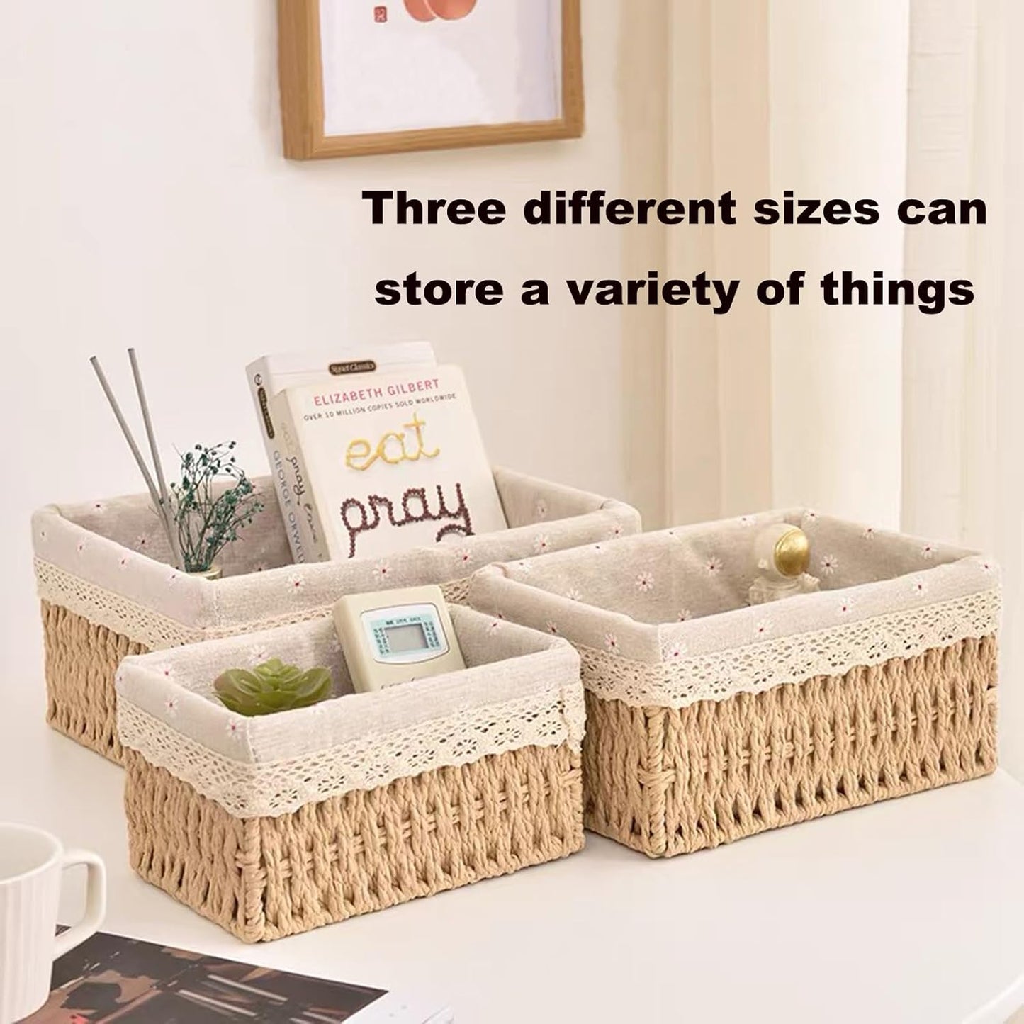 Storage Basket - Basket Set - Wicker Basket - Woven Basket - Cabinet Basket - Bathroom Basket - Storage Box - Drawer Organizer - Living Room - Bedroom - Bathroom Accessories - With Fabric Lining - Floral Print - Country Style - 3 Sizes - Natural - 3 Piece - Image 3