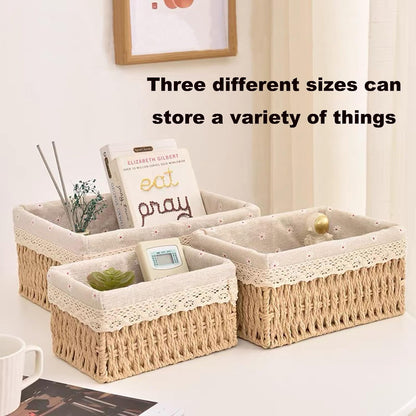 Storage Basket - Basket Set - Wicker Basket - Woven Basket - Cabinet Basket - Bathroom Basket - Storage Box - Drawer Organizer - Living Room - Bedroom - Bathroom Accessories - With Fabric Lining - Floral Print - Country Style - 3 Sizes - Natural - 3 Piece - Image 3