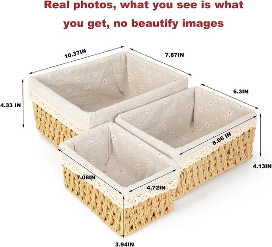 3 Pieces Woven Storage Basket Set with Fabric Lining for Bathrooms, Bedrooms and Shelves, Decorative Organisers for Home - Image 8