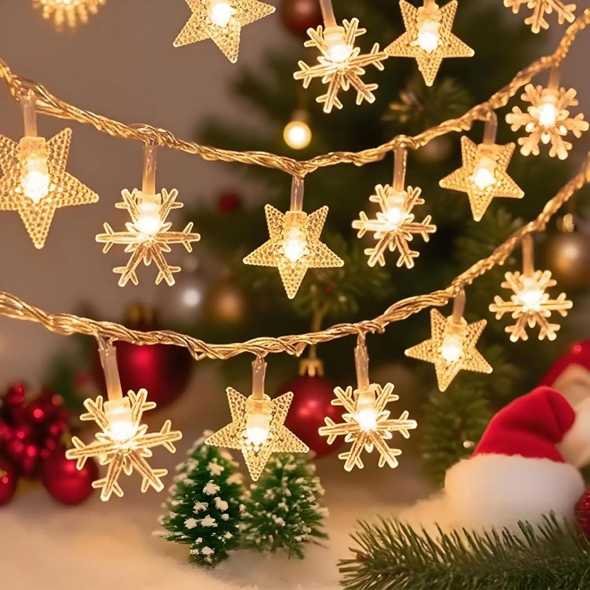 1 Piece LED Star and Snowflake Fairy Lights for Indoor Christmas Decor, Warm White String Lighting for Windows and Bedrooms
