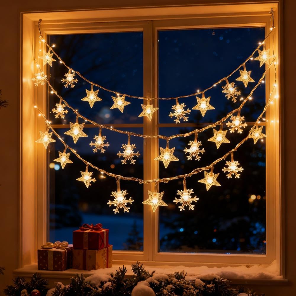 Indoor Christmas Lights - Star and Snowflake Light String - Christmas Decorations - Christmas Lights - Christmas Tree Lights - Living Room Mood Lighting - LED Lights - Window Decoration - Party Lights - Warm White - 1 Piece - Image 5