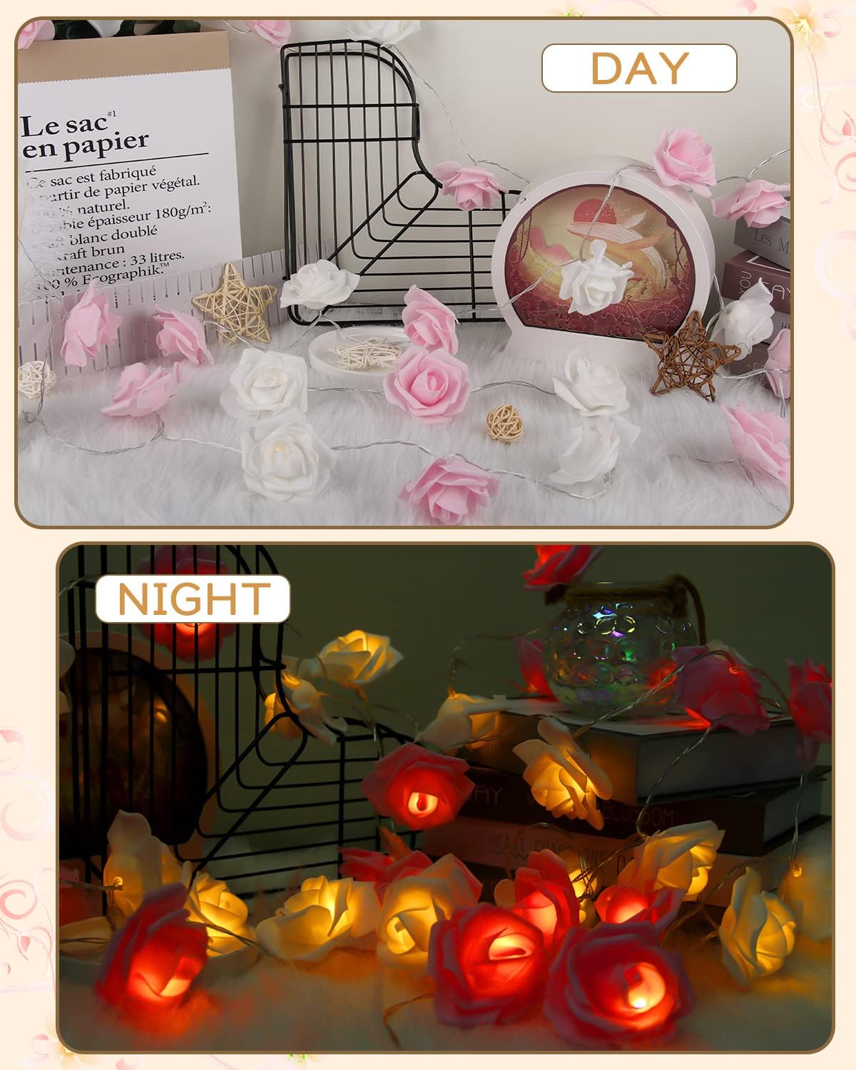 Rose Fairy Lights - Indoor Mood Lighting - Bedroom Decoration - LED Lights - Artificial Flowers - Wedding Decoration - Window Decoration - Valentine's Day Gift - Fairy Lights - Home Accessories - Party Lighting - Pink and White - 1 Piece - Image 3