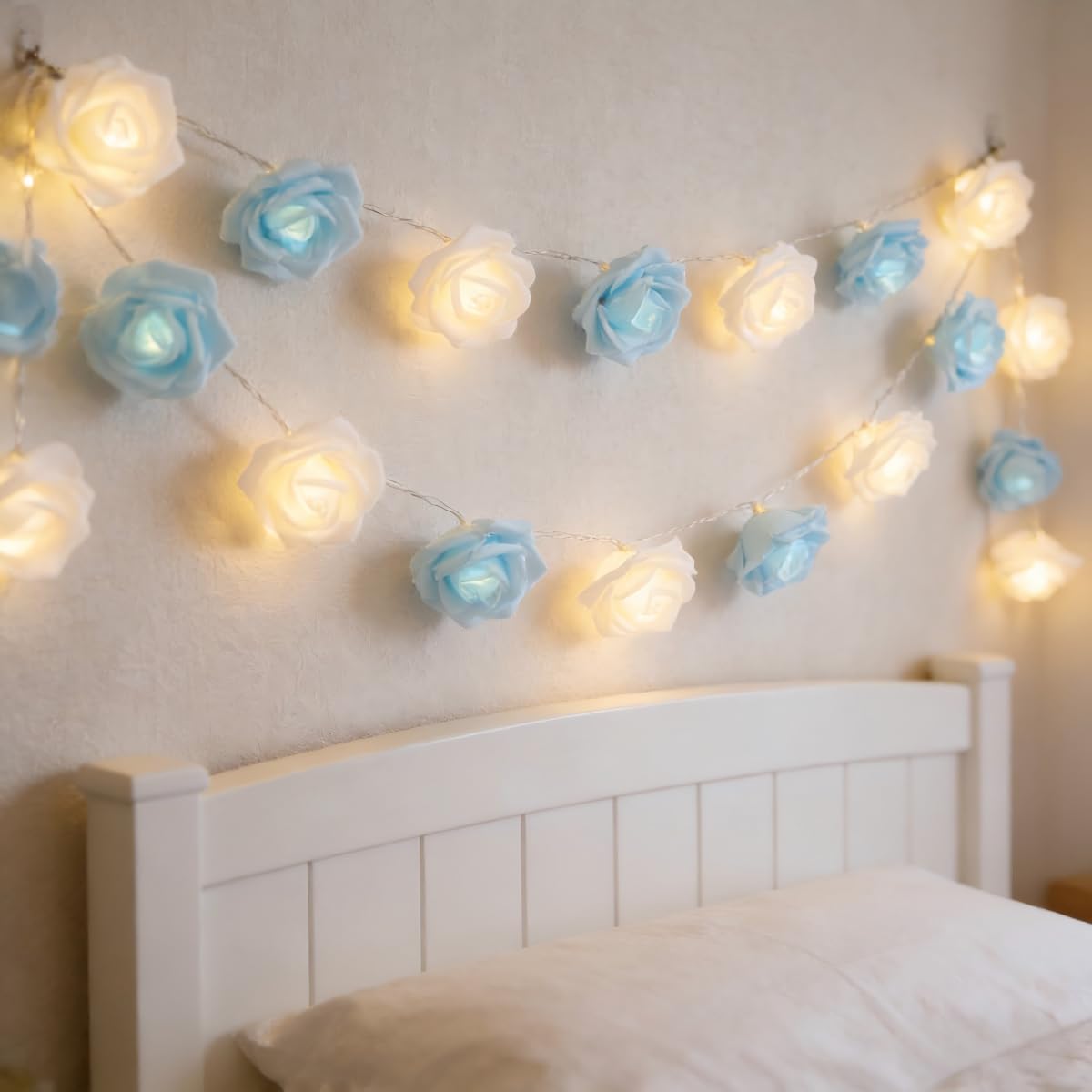 Rose Fairy Lights - Indoor Mood Lighting - Bedroom Decoration - LED Lights - Artificial Flowers - Window Decoration - Home Accessories - Fairy Lights - Wedding Decoration - Party Lighting - Blue and White - 1 Piece - Image 4