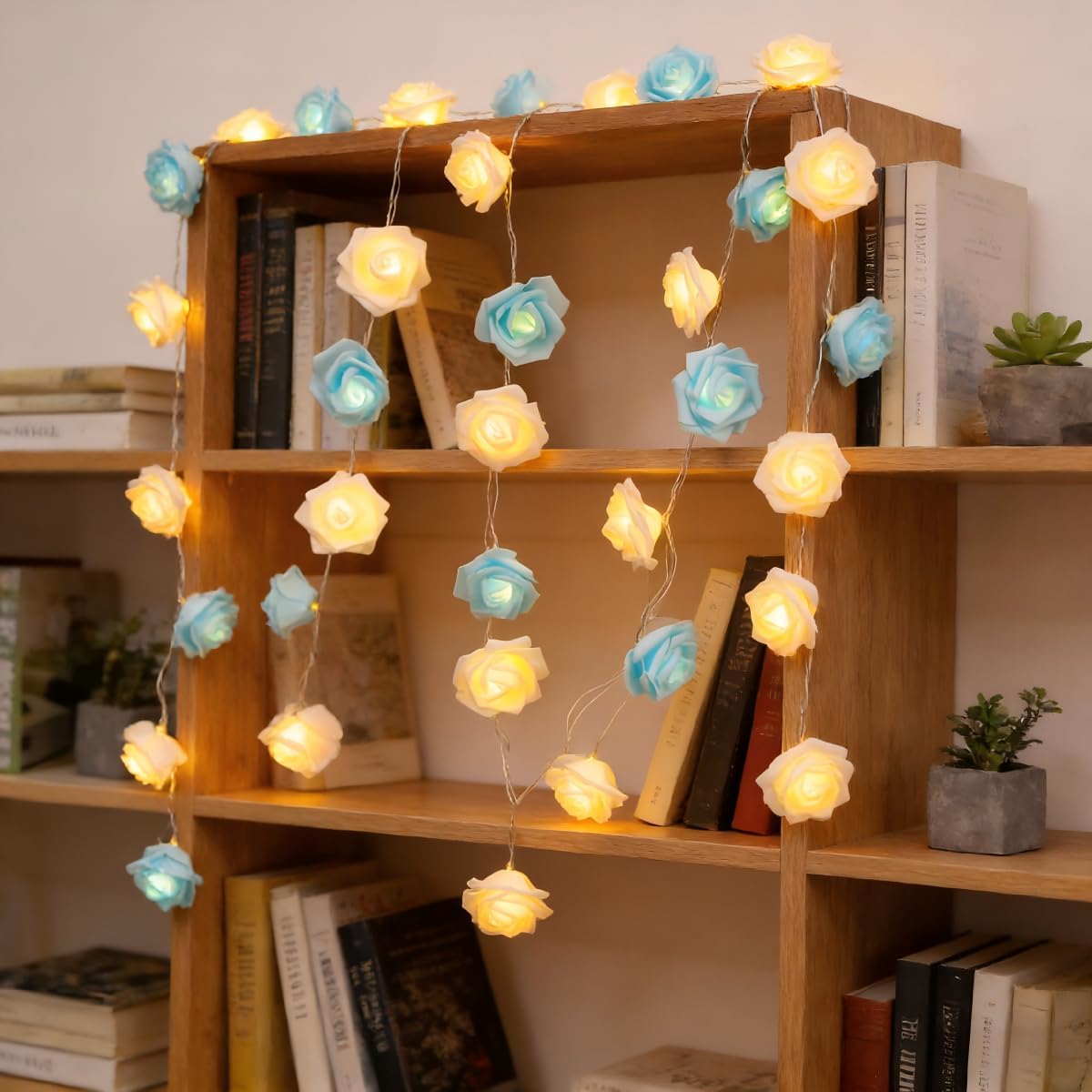 Rose Fairy Lights - Indoor Mood Lighting - Bedroom Decoration - LED Lights - Artificial Flowers - Window Decoration - Home Accessories - Fairy Lights - Wedding Decoration - Party Lighting - Blue and White - 1 Piece - Image 5