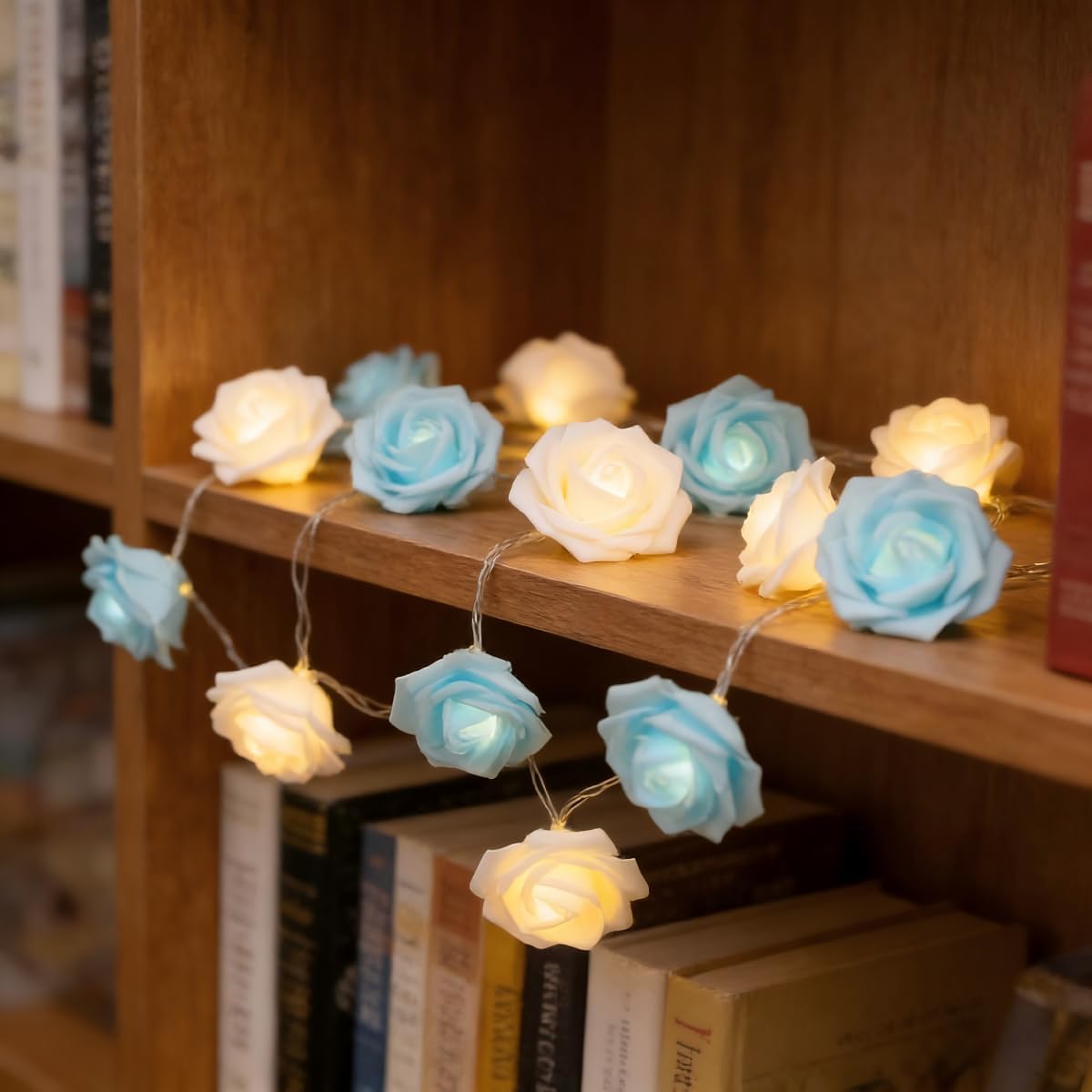 Rose Fairy Lights - Indoor Mood Lighting - Bedroom Decoration - LED Lights - Artificial Flowers - Window Decoration - Home Accessories - Fairy Lights - Wedding Decoration - Party Lighting - Blue and White - 1 Piece - Image 6