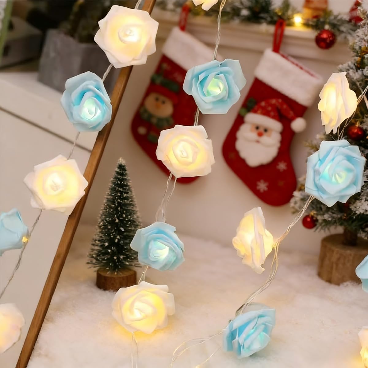 Rose Fairy Lights - Indoor Mood Lighting - Bedroom Decoration - LED Lights - Artificial Flowers - Window Decoration - Home Accessories - Fairy Lights - Wedding Decoration - Party Lighting - Blue and White - 1 Piece - Image 7