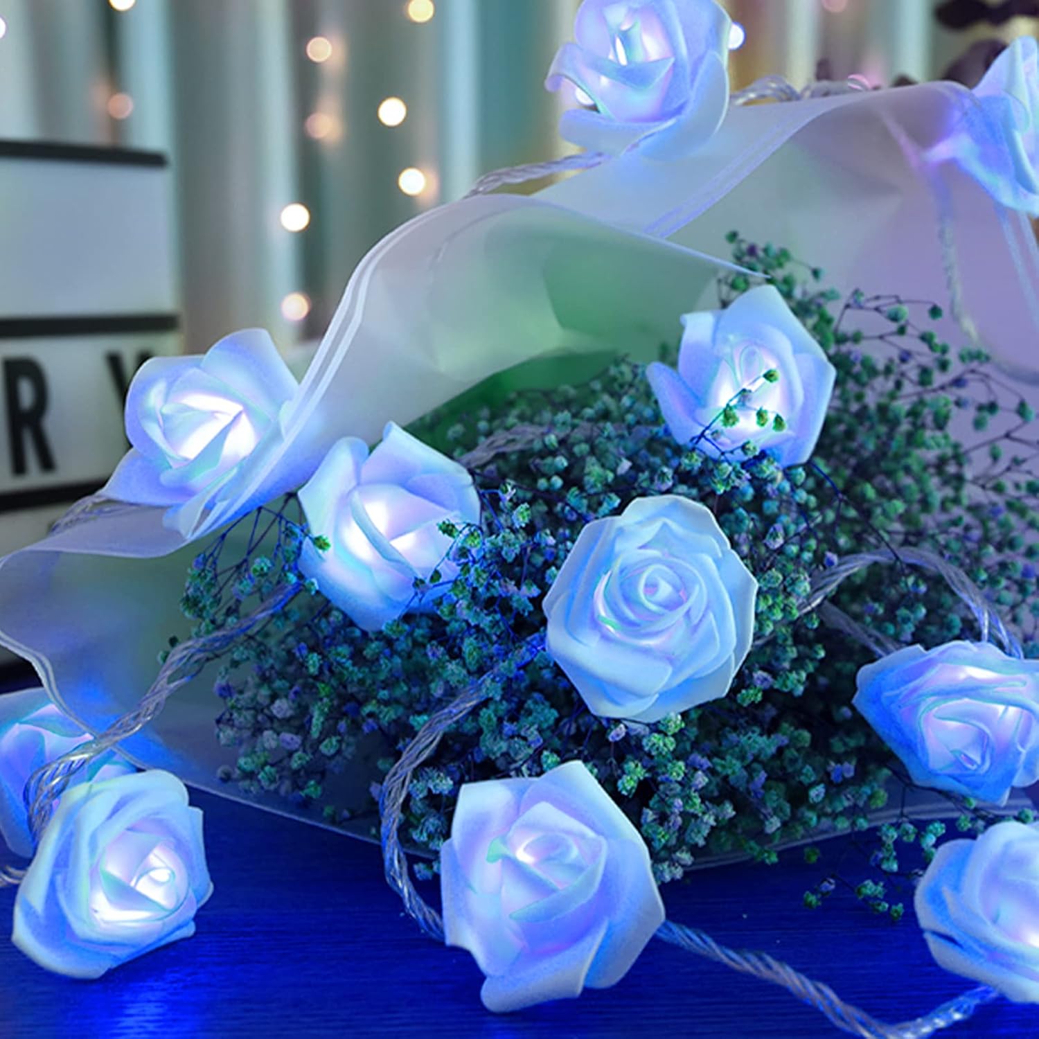 Rose Fairy Lights - Indoor Mood Lighting - Bedroom Decoration - LED Lights - Artificial Flowers - Wedding Decoration - Window Decoration - Valentine's Day Gift - Fairy Lights - Home Accessories - Party Lighting - Blue - 1 Piece - Image 4