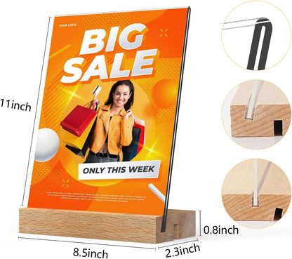 Menu Card Holder A4 - Photo Frame with Wooden Base - Table Stand - Brochure Holder - Acrylic Stand - Hospitality - Office - Wedding Decoration - Information Holder - Double Slot - Straight and Angled - Transparent and Wood - 3 Pieces - Image 2