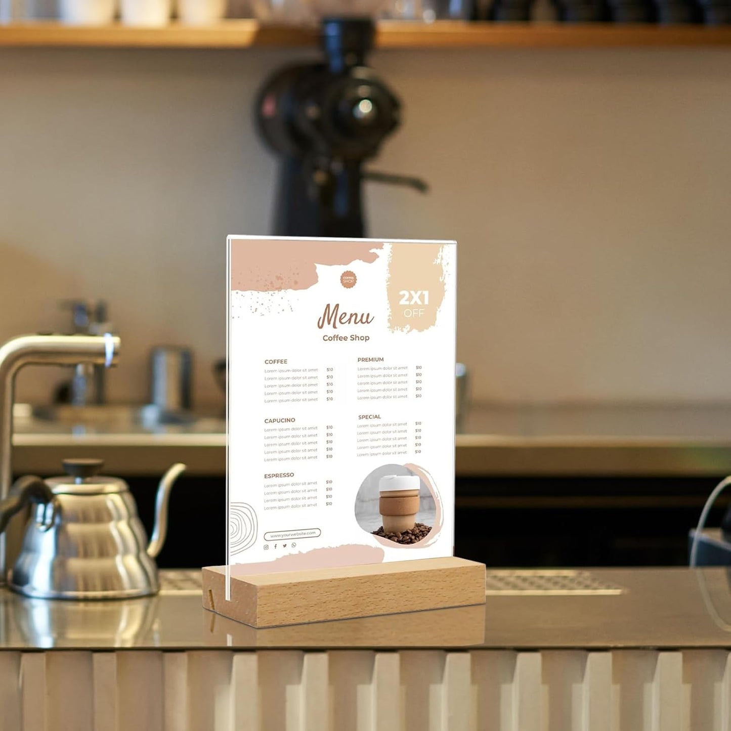 Menu Card Holder A4 - Photo Frame with Wooden Base - Table Stand - Brochure Holder - Acrylic Stand - Hospitality - Office - Wedding Decoration - Information Holder - Double Slot - Straight and Angled - Transparent and Wood - 3 Pieces - Image 5
