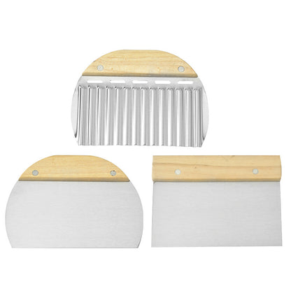 Dough Scraper - Dough Cutter - Ribbed Knife - Dough Cutter - Baking Utensils - Potato Cutter - Golf Knife - Baker's Knife - Pizza Cutter - Dough Knife - Kitchen Aid - Baking Utensils - Vegetable Cutter - Pizza Knife - Silver and Wood - 3 Pieces