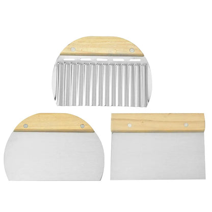 3 Pieces Stainless Steel Dough Scraper Set with Wooden Handles for Bread, Pizza, Pastry and Vegetable Preparation, s, Silver