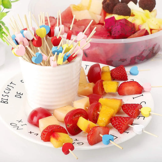 Cocktail sticks - Satay sticks - Tapas sticks - Hearts - Party supplies - Snacks - Birthday - Decoration - Snacks - High Tea - BBQ - Wedding - Treat - Buffet - Cheese sticks - Wood - Bamboo - 12 cm - Multi-colored - 100 Pieces - Image 3