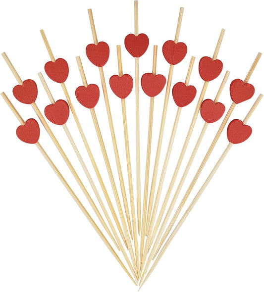 Cocktail sticks - Satay sticks - Tapas sticks - Hearts - Party supplies - Snacks - Valentine's Day - Wedding - Love - Decoration - Snacks - High Tea - Treat - Buffet - Cheese sticks - Wood - Bamboo - 12 cm - Red - 100 Pieces