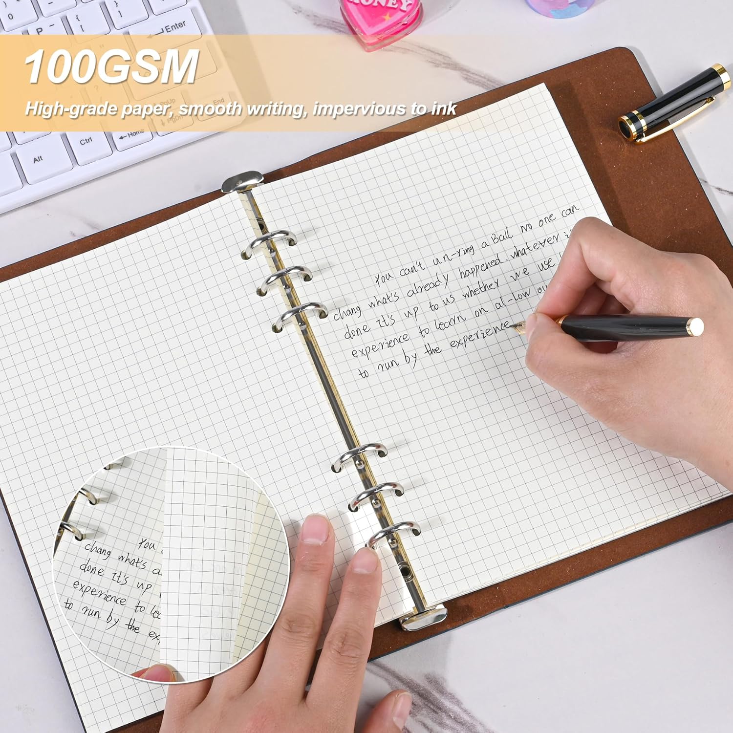 Notebook Refill A5 - Ring Binder Paper 6 Holes - Agenda Refill - Bullet Journal Paper - Refillable Notepad - Writing Paper - Planner Inserts - Office Supplies - School Supplies - Math Notebook -Checked White Graph Paper - 5 Pieces - Image 2