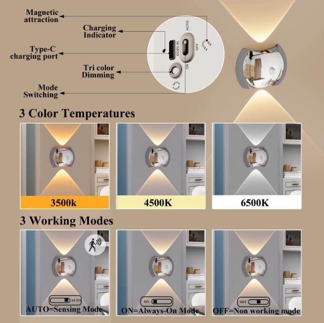 Indoor Wall Lamp - Night Light with Motion Sensor - Wireless LED Wall Light - Rechargeable Wall Lamp - Stair Lighting - Closet Lighting - Bedroom Lamp - USB Rechargeable - Magnetic -Warm White Light - Black - 1 Piece - Image 7