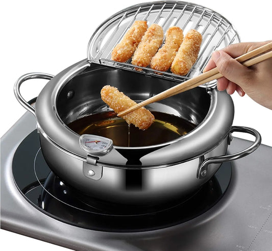 Stainless Steel Deep Fryer Pot with Basket for Tempura, Chips and Fried Foods, Suitable for Induction and Gas Cooktops, 20 cm, Silver