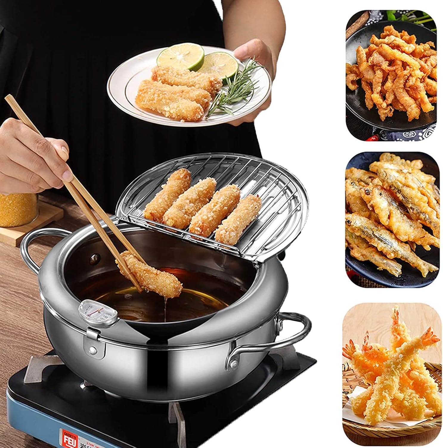 Deep fryer - Tempura pan - 24 cm - Stainless steel pan - Kitchen accessories - Japanese deep fryer - Induction deep fryer - Deep fryer - Cooking pot - Stainless steel pan - Large deep fryer - Kitchen utensils - Household - Silver - 1 piece - Image 2