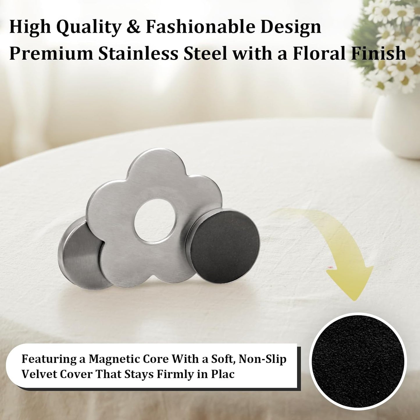 Tablecloth clips - Tablecloth weights - Magnetic clips - Tablecloth holder - Garden accessories - Picnic accessories - Windstopper tablecloth - Table accessories - Outdoor dining - Magnetic weight - Flower design - Silver - 8 pieces - Image 3
