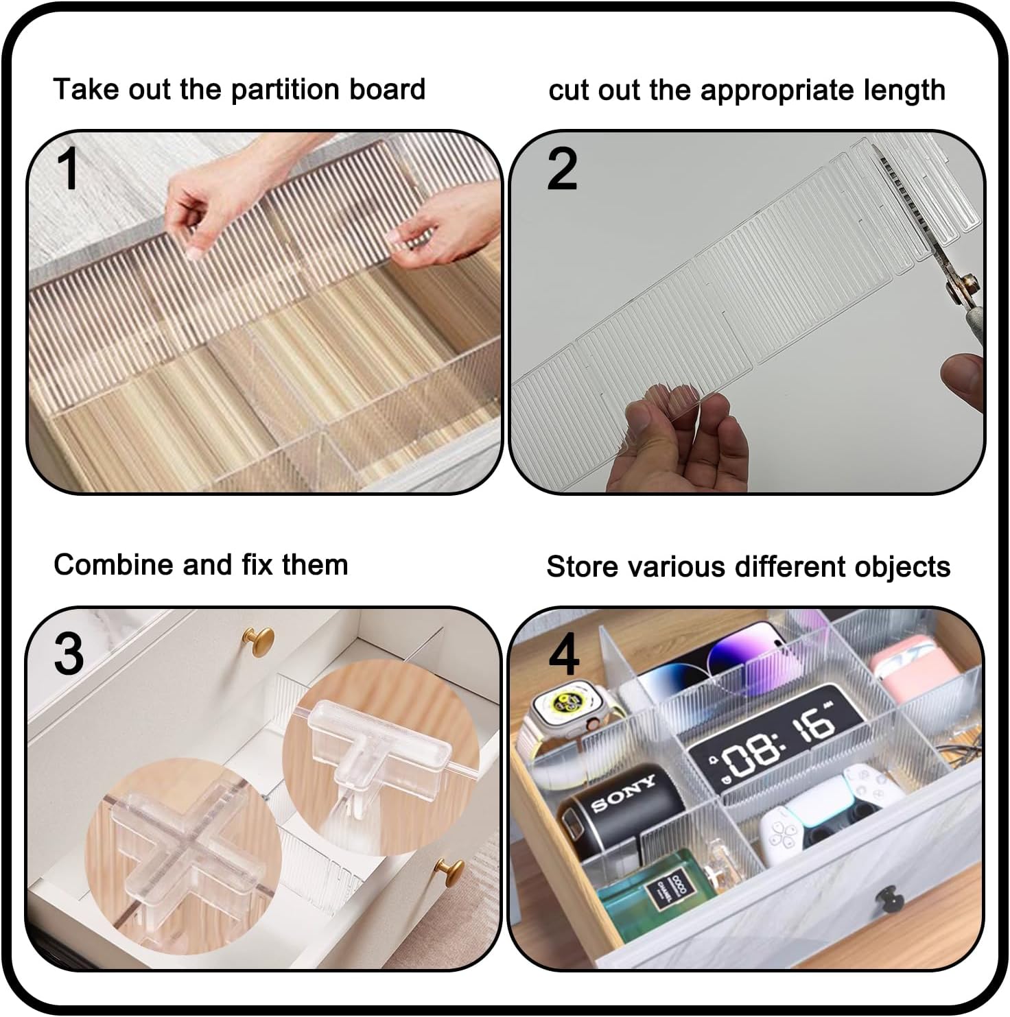 Drawer dividers with clips - Drawer organizer - Storage system - Adjustable drawer divider - Desk organizer - Kitchen drawer organizer - Make-up organizer - Drawer division - Sock organizer - Underwear organizer - Storage box drawer - 2mm - Transparent -  - Image 3